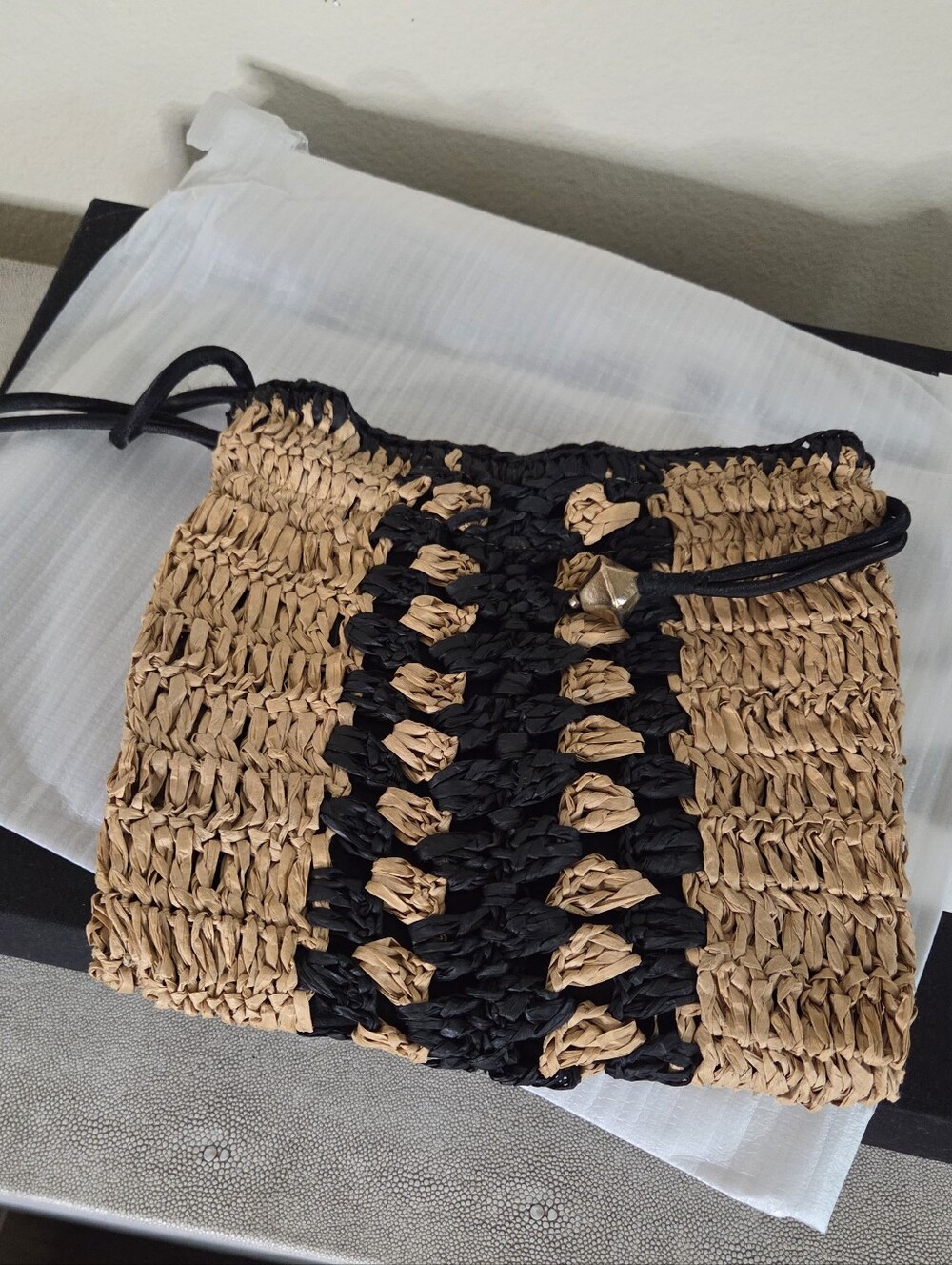 Free People Woven Raffia Mini Skirt in Tan and Black